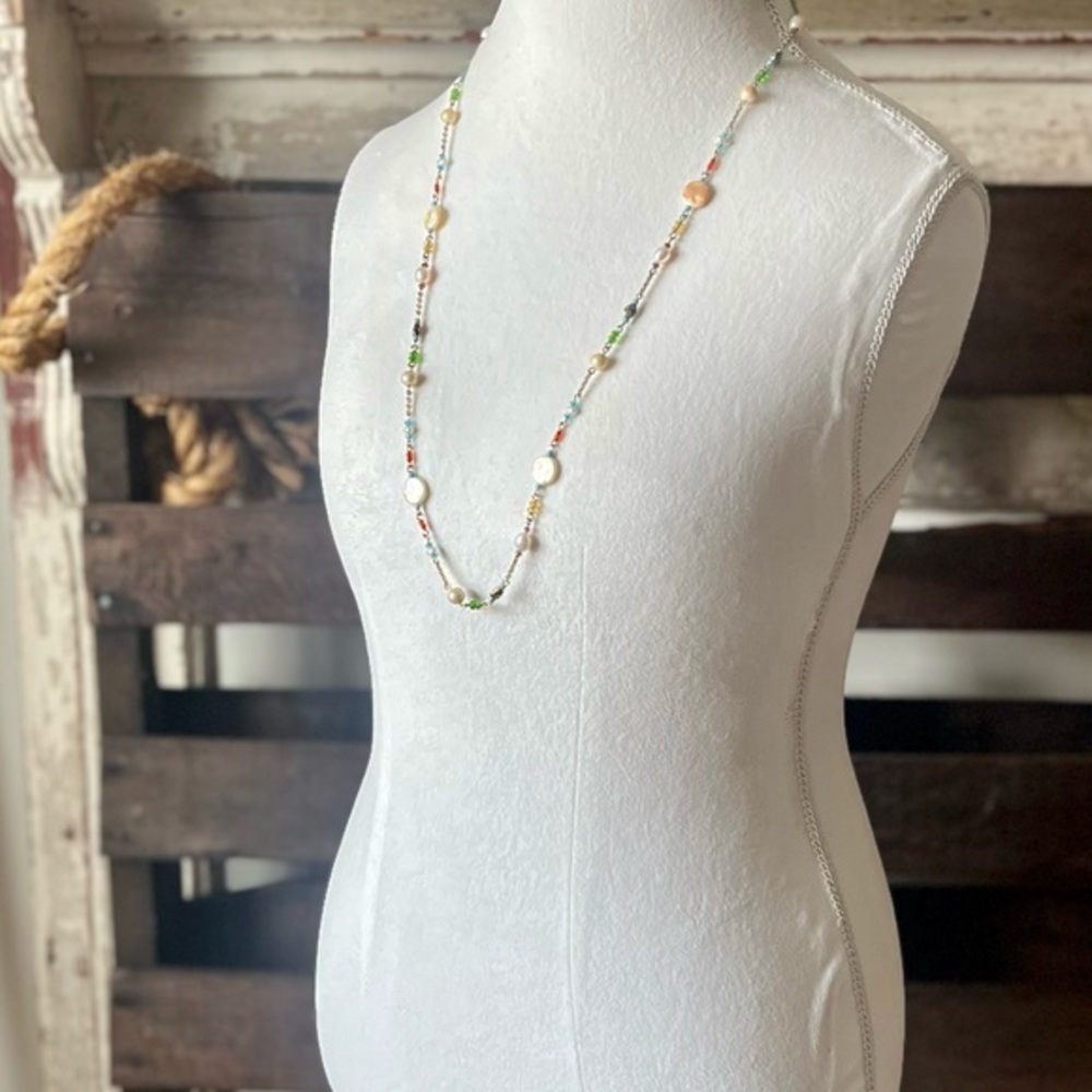 Beaded Necklace with Pastel and Cream Colors 36”